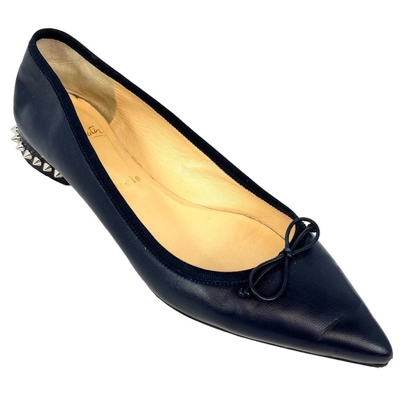 Christian Louboutin Shoes - Christian Louboutin Navy Leather Hall Spiked Studded Heel Bow Pointed Flats 37.5